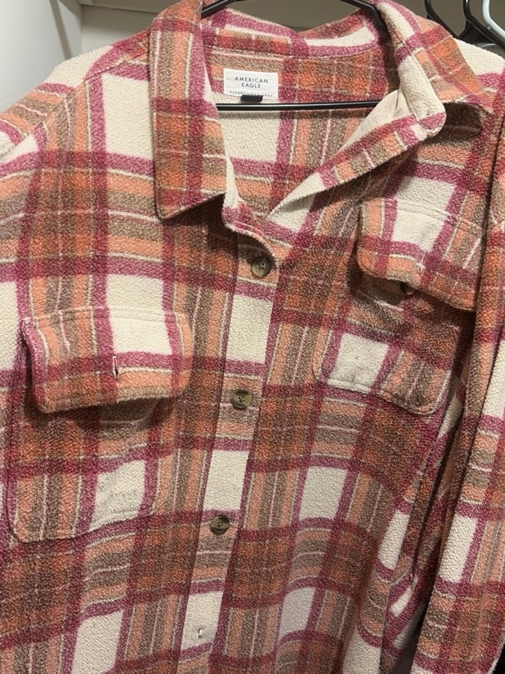 American Eagle Outfitters Pink and Tan Plaid Utility Shacket